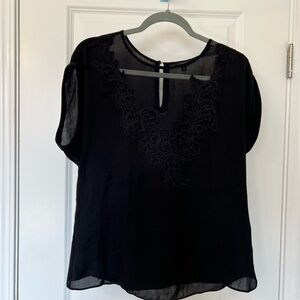 Guess Black Floral Embroidered Short Sleeve Blouse